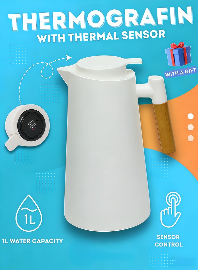 شو وو ترمس، سعة 1000 مل، بست طبقات لحفظ الحرارة، إبريق قهوة بتفريغ الهواء، غلاية ماء بمقبض خشبي، ترمس معزول لحفظ الشاي والقهوة، يحافظ على المشروبات ساخنة وباردة لمدة 6-12 ساعة، زجاجة ماء ساخن مبطنة بعازل زجاجي بتفريغ الهواء، مناسبة للعائلات والمكاتب والمسافرين وكبار السن لتحضير الشاي والقهوة (أبيض، 1000 مل) - Image 1